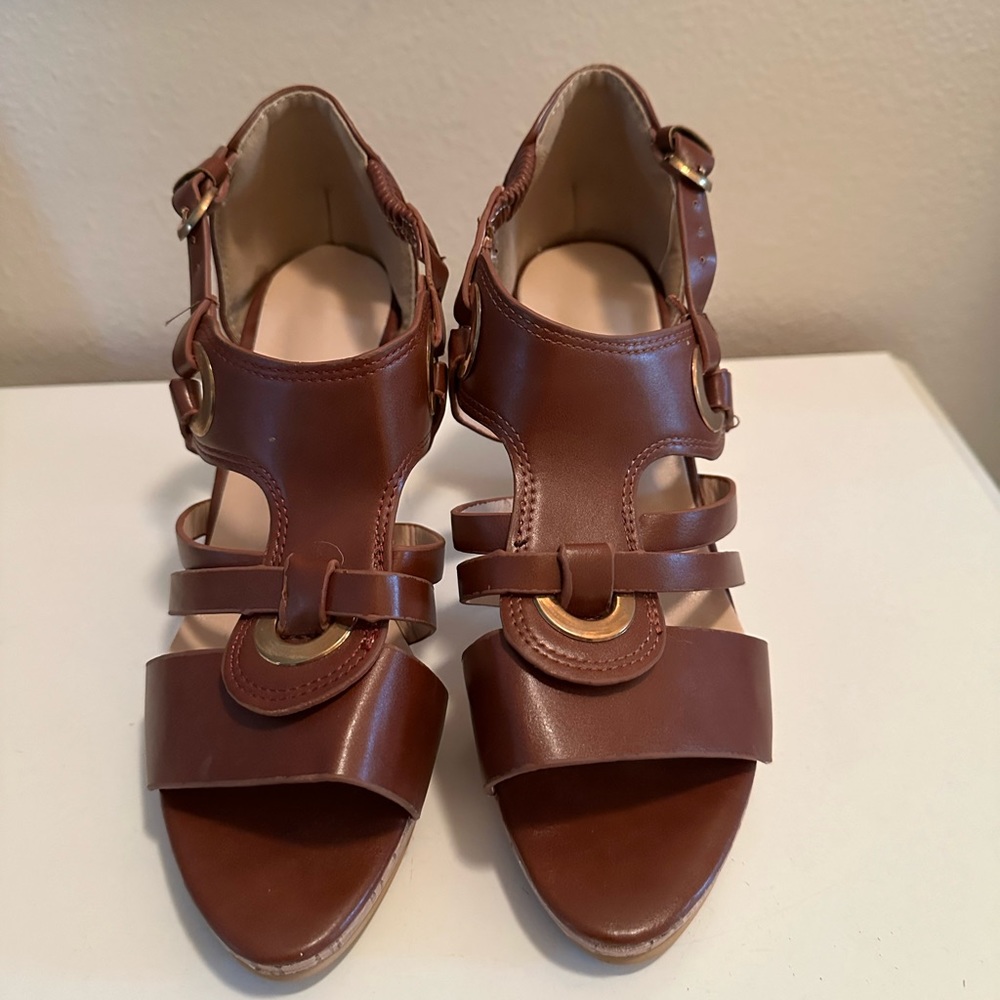 Women’s High Heels Roman Gladiator Peep Toe Gold Buckle Shoes Cork Heel Brown